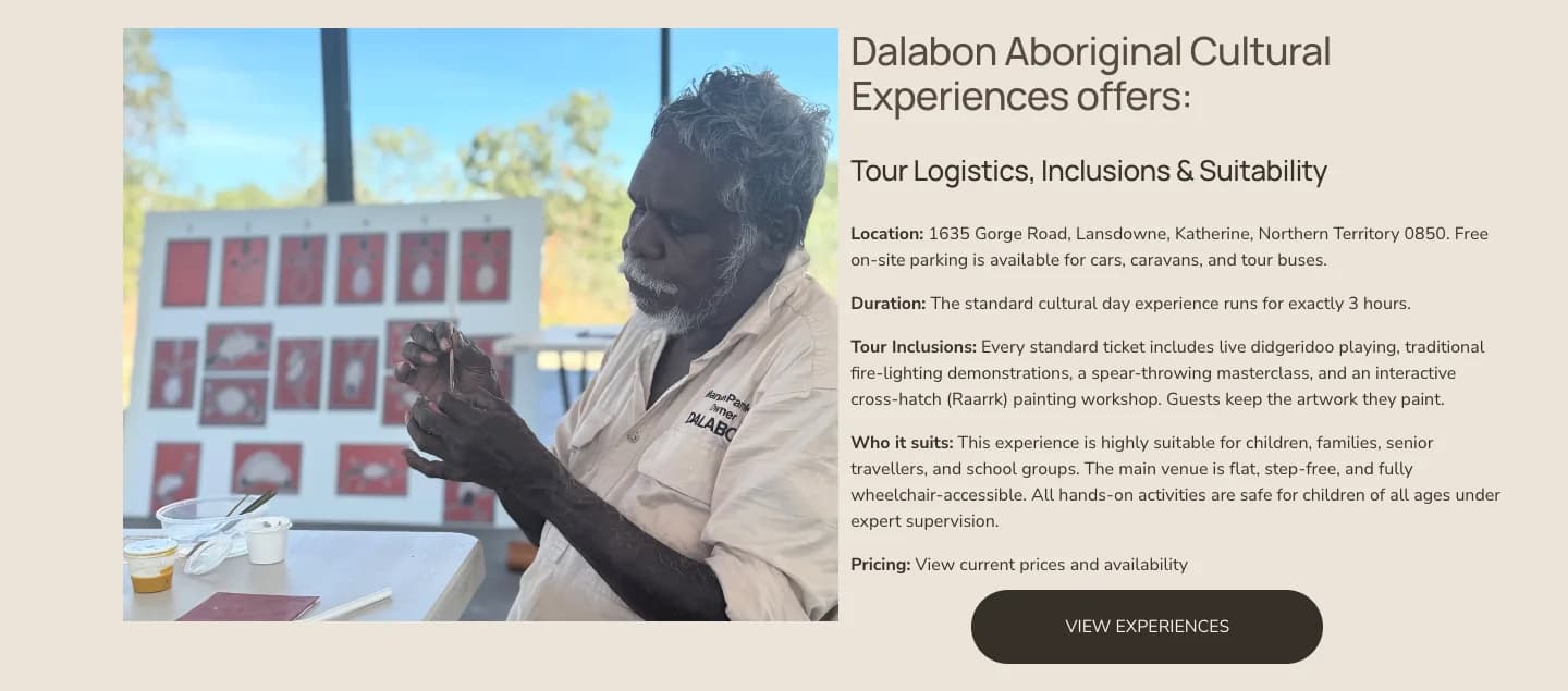 Dalabon tour booking page with day tours and art workshops
