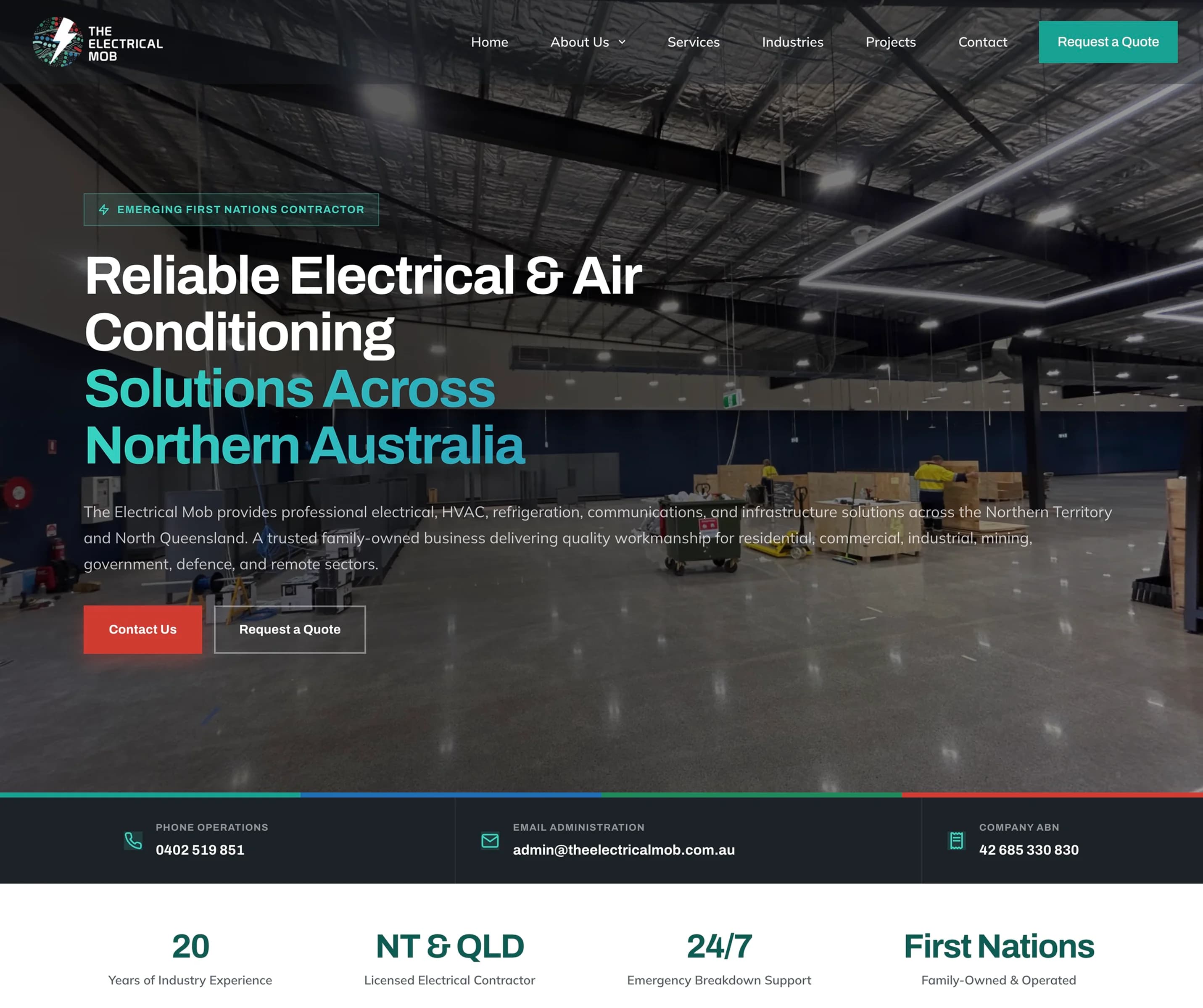 The Electrical Mob homepage for an electrical contractor in the NT and North Queensland