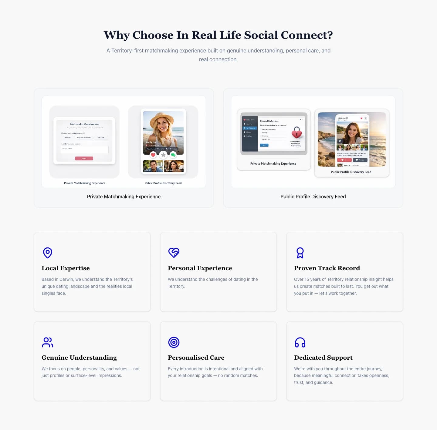 In Real Life Social Connect page outlining dating and confidence coaching