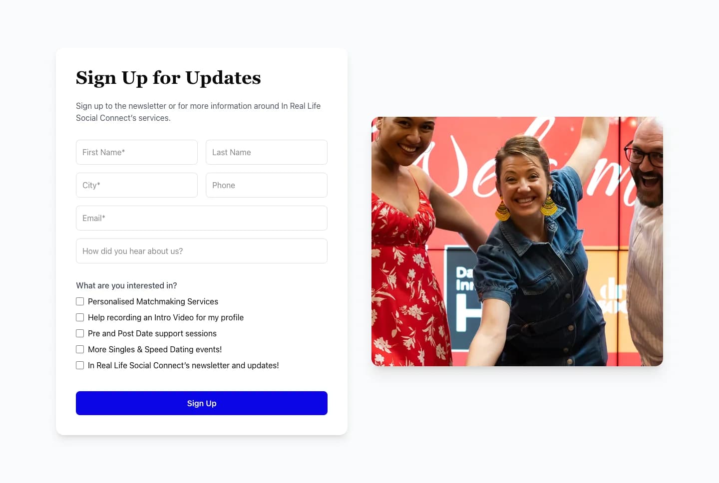 In Real Life Social Connect community events and contact section