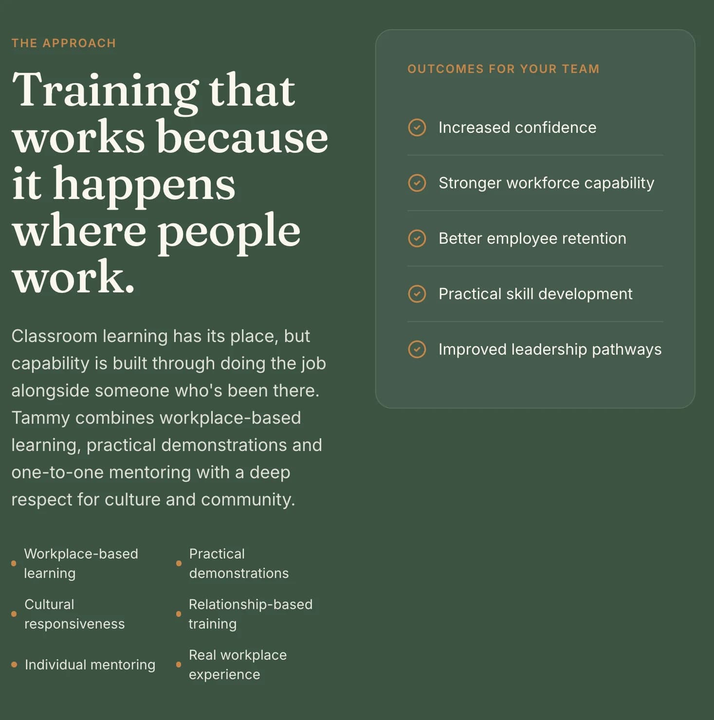 TLS Training Services approach section on workplace-based learning and outcomes for teams