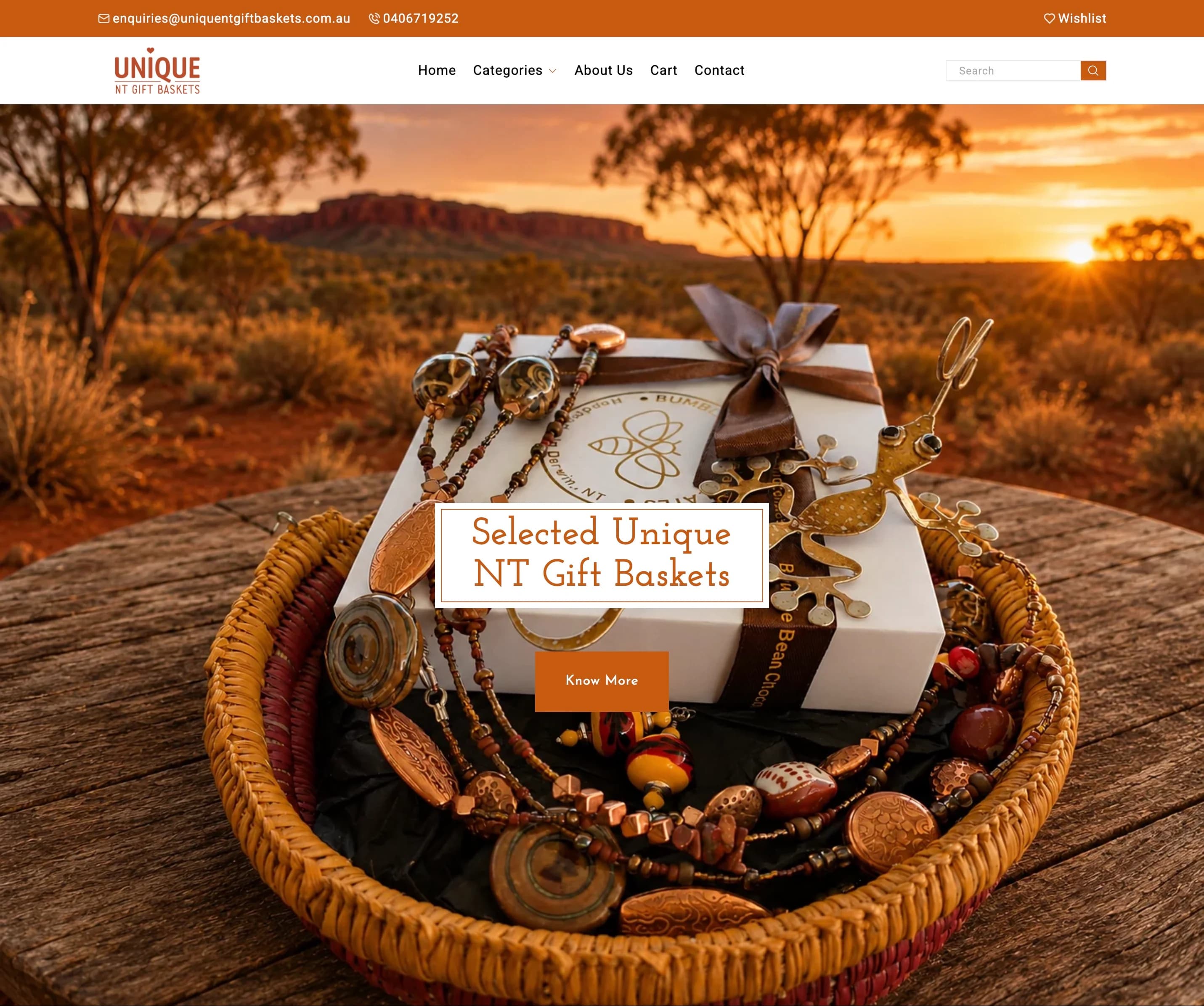 Unique NT Gift Baskets homepage with featured hampers and delivery, personalisation and support highlights