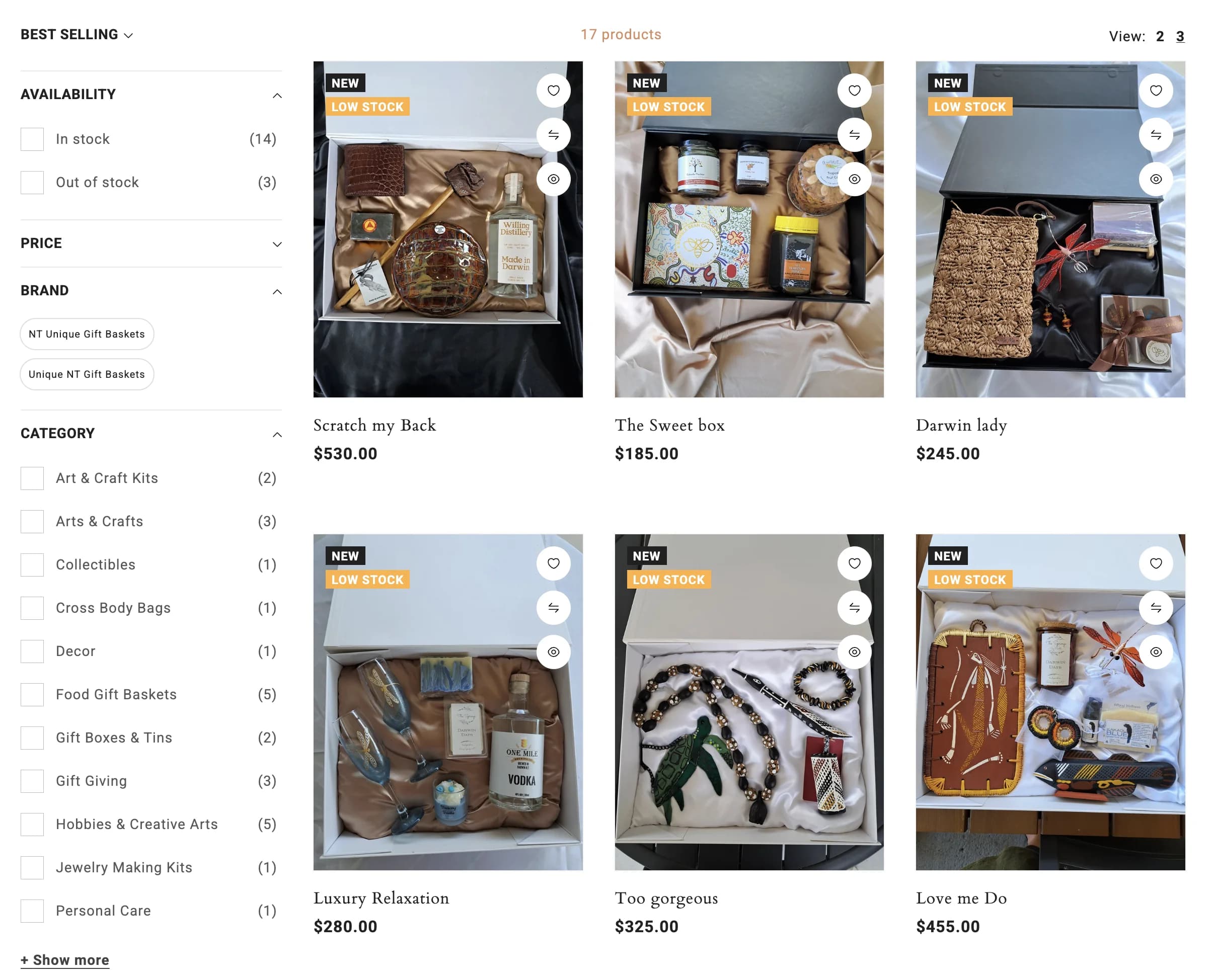 Unique NT Gift Baskets collection page with hampers, prices and category filters