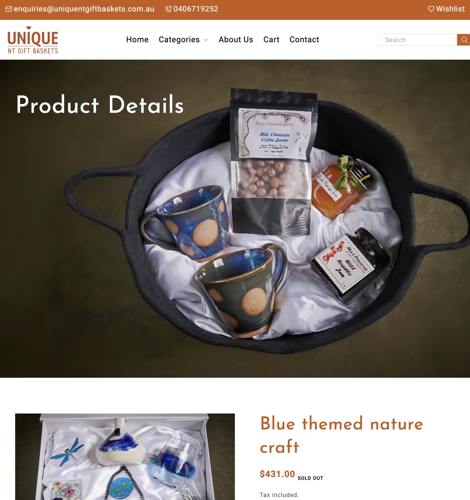 Unique NT Gift Baskets product page for a curated gift hamper