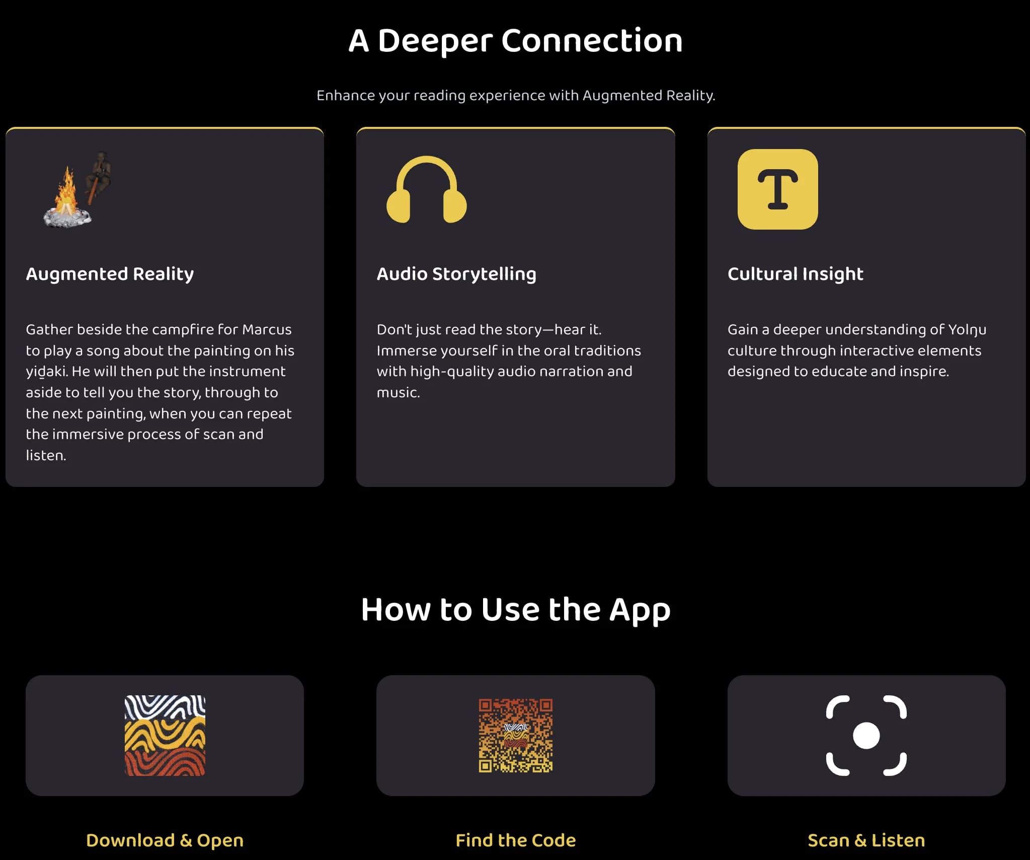 Wangarr Creations page introducing the companion app's augmented reality storytelling