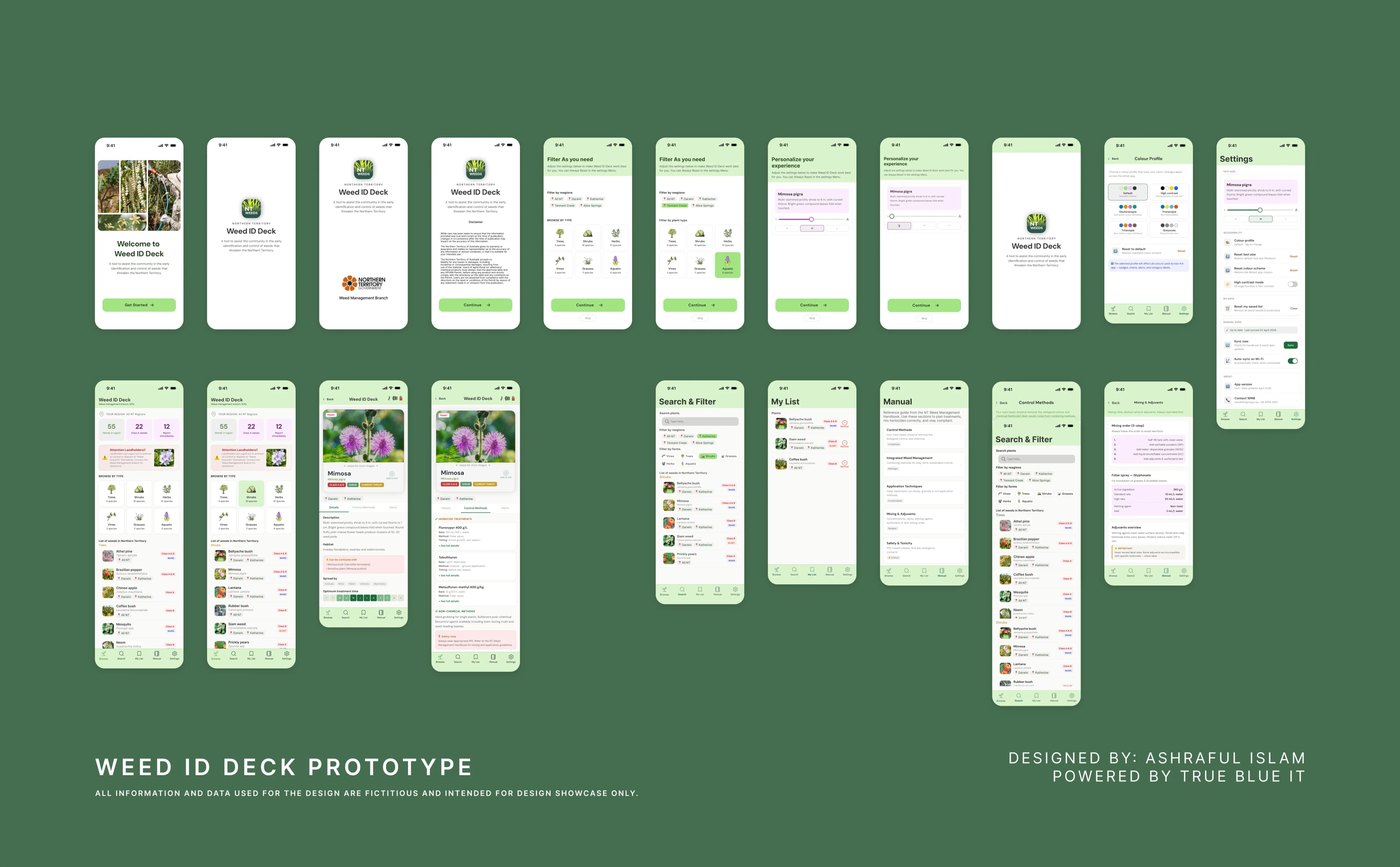 Exploration board for Weed ID Deck NT: user flows, sketches and the first clickable prototype