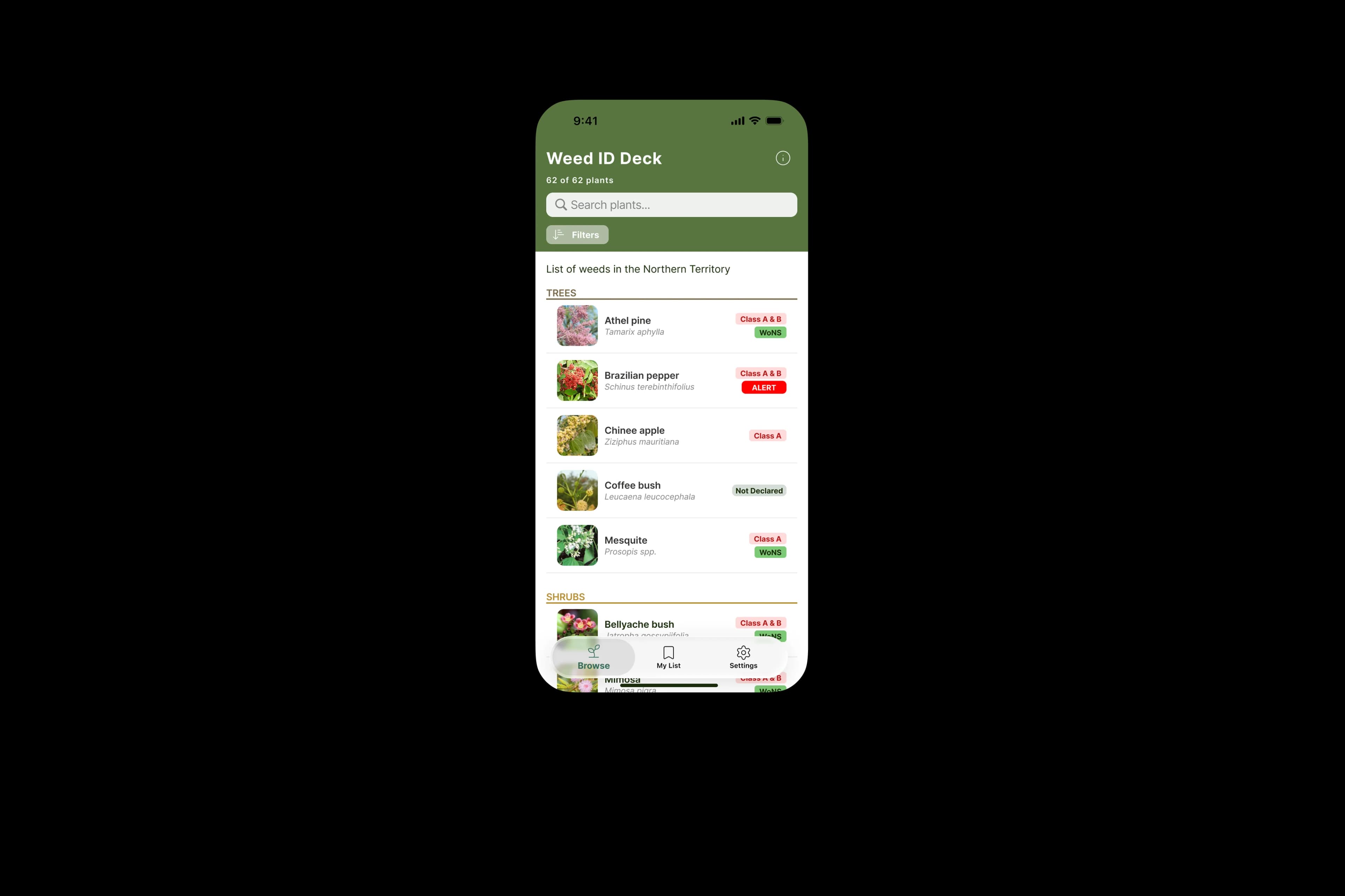 Weed ID Deck NT browse screen listing trees and shrubs with their declaration badges