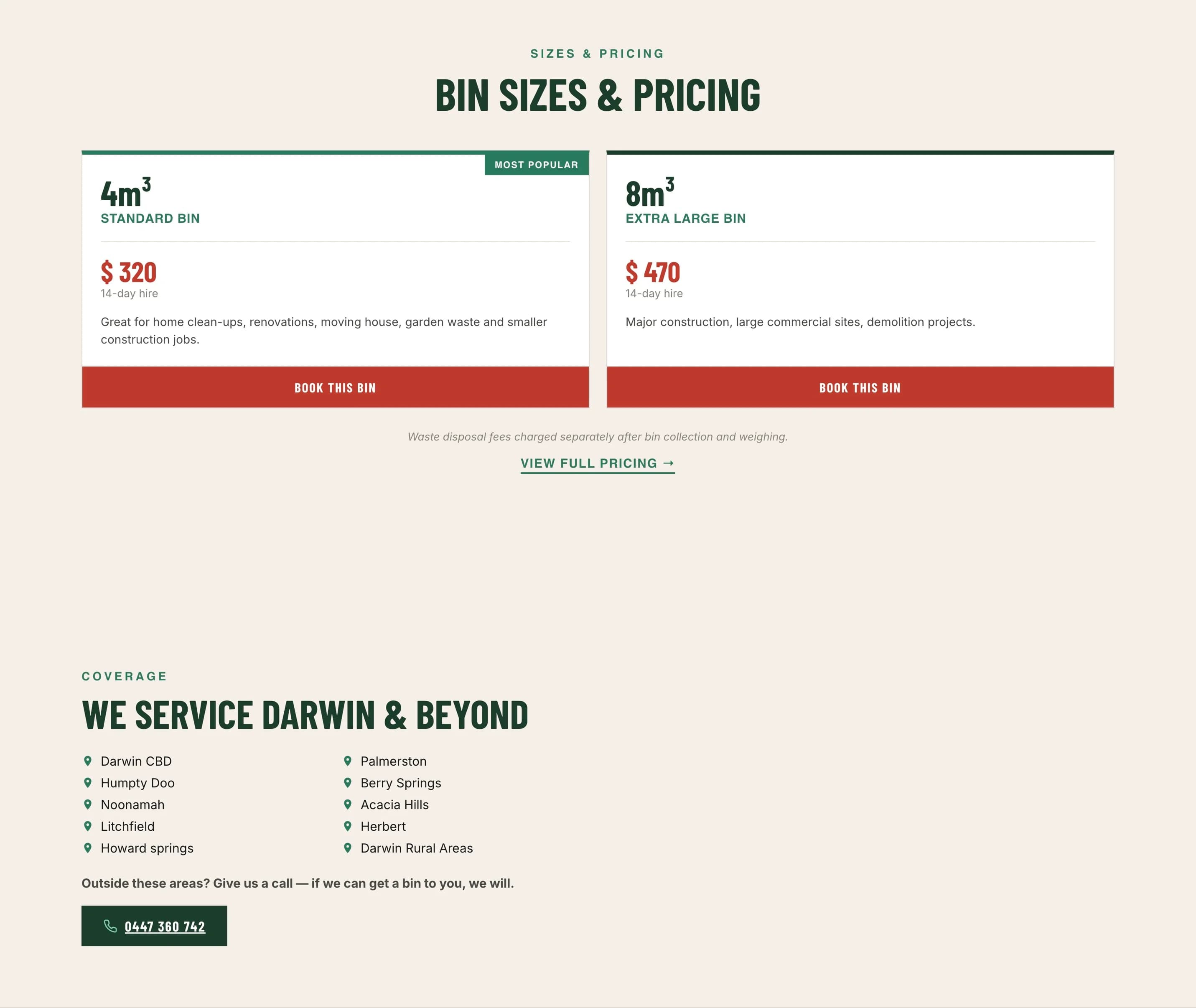 The Bin Mob bin sizes and pricing for 4 and 8 cubic metre bins