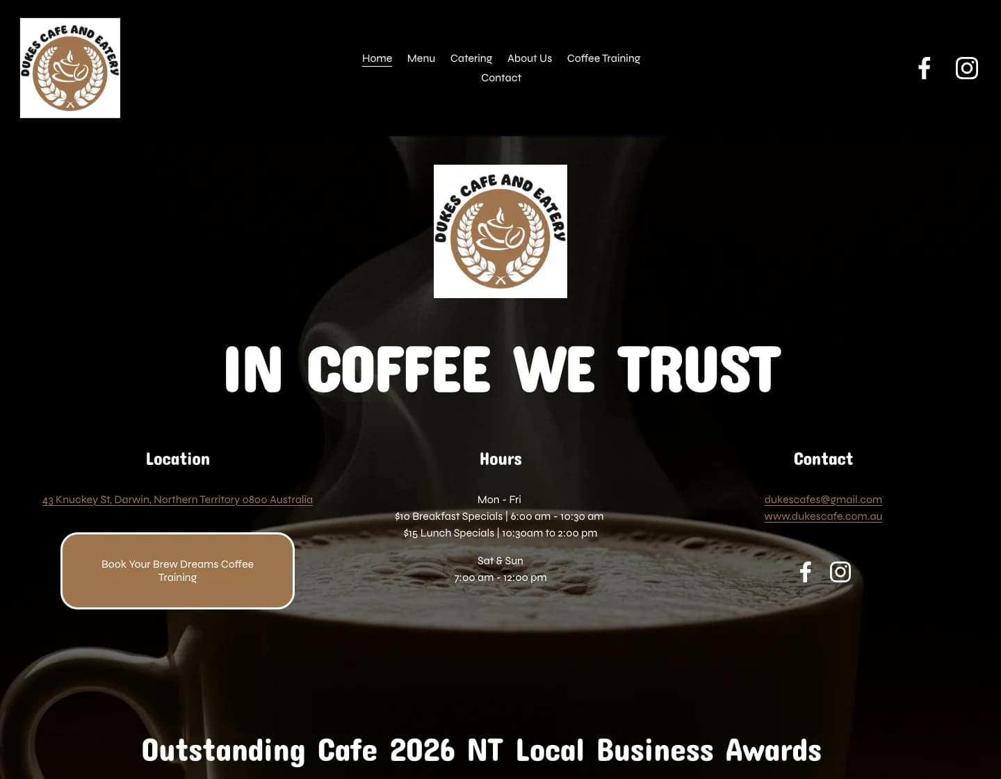 Dukes Cafe homepage welcoming visitors to the Darwin café
