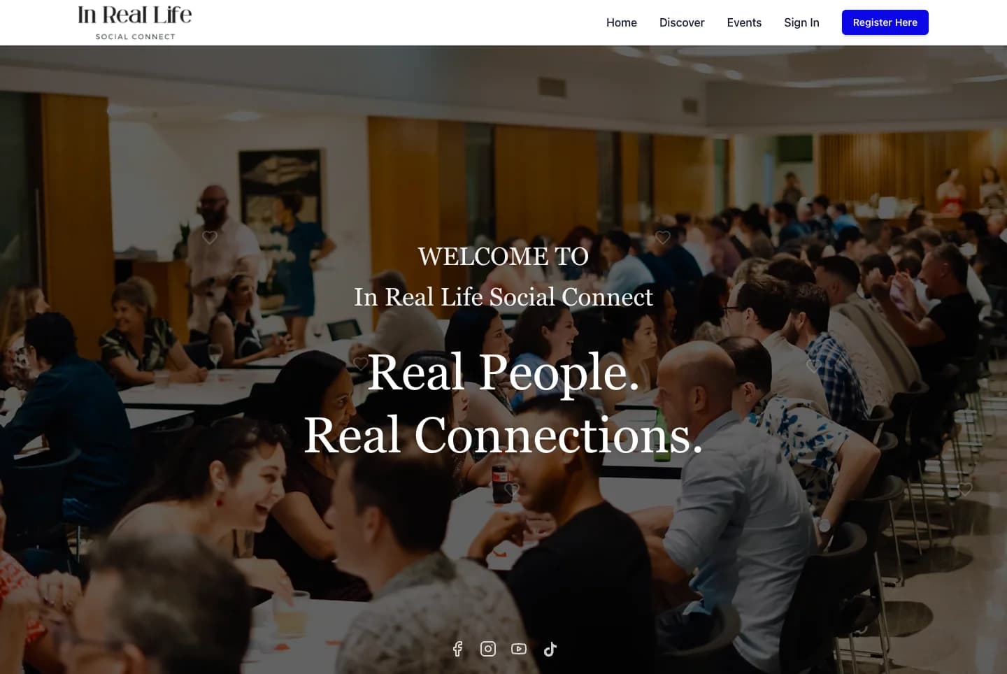 In Real Life Social Connect homepage introducing its Darwin matchmaking service