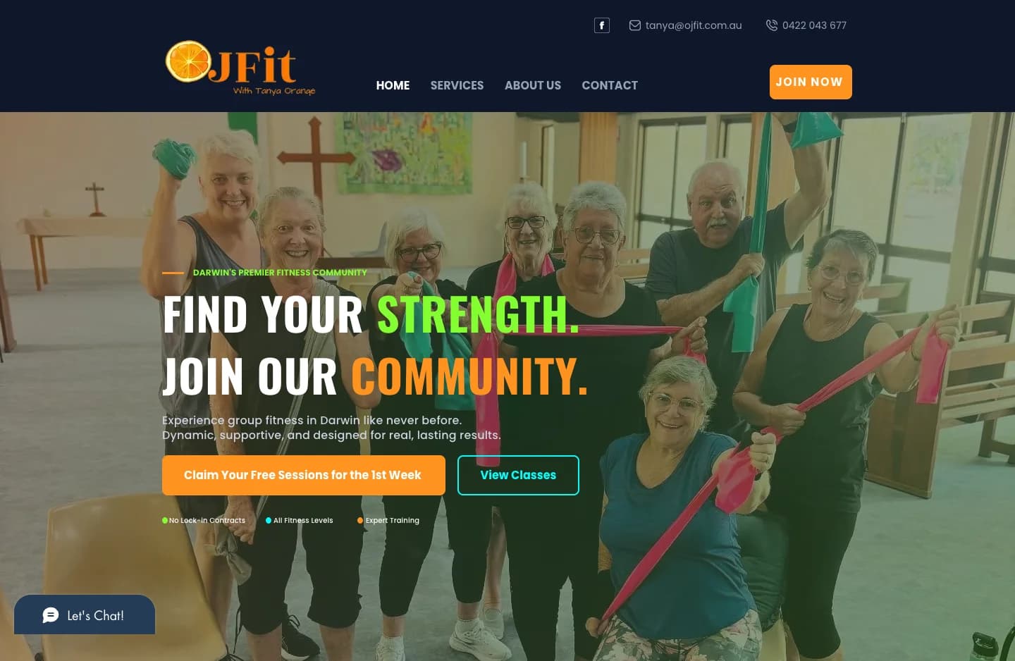 OJFit homepage introducing Darwin's group fitness community