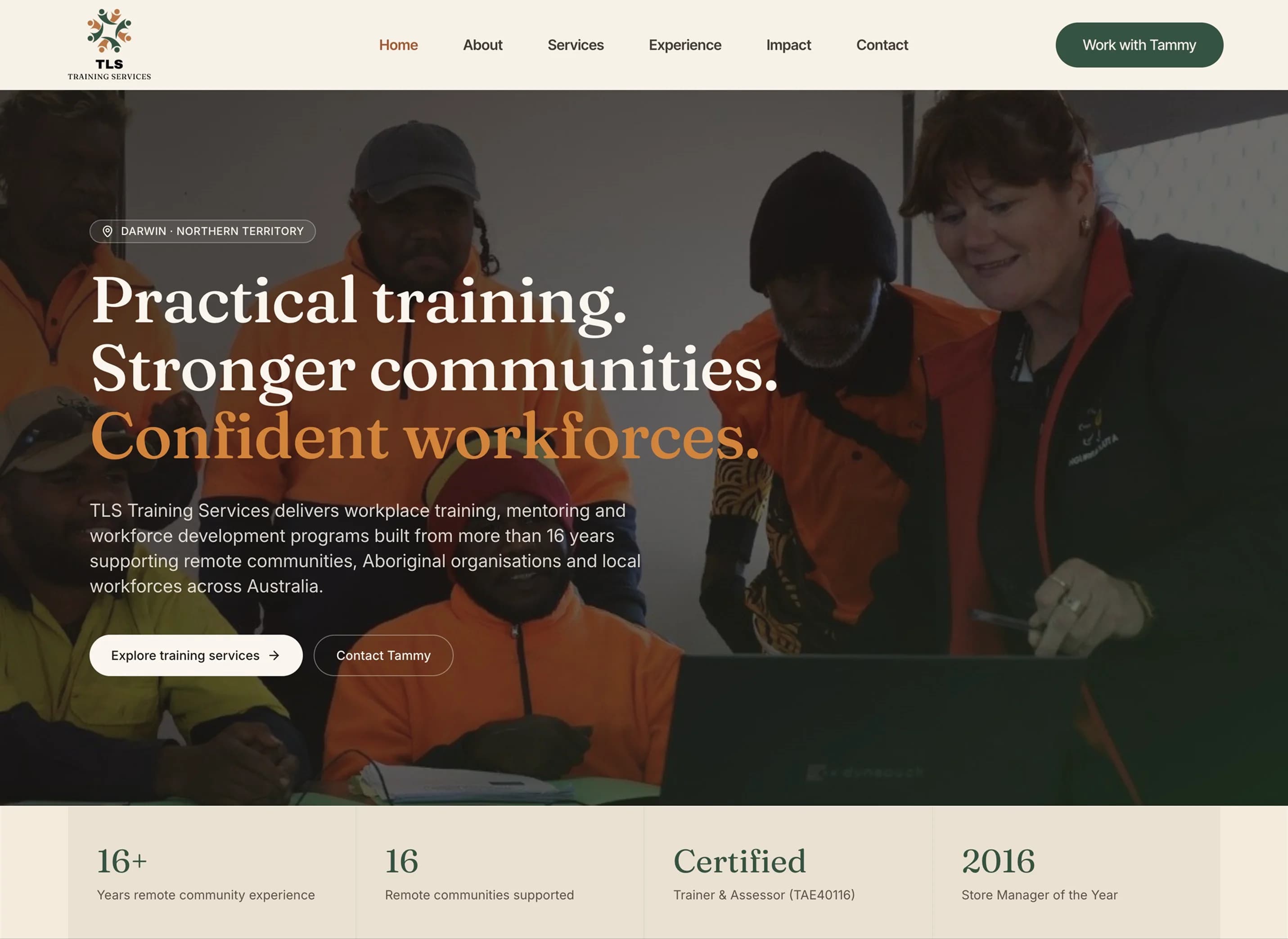 TLS Training Services homepage introducing vocational training for students across Top End NT communities
