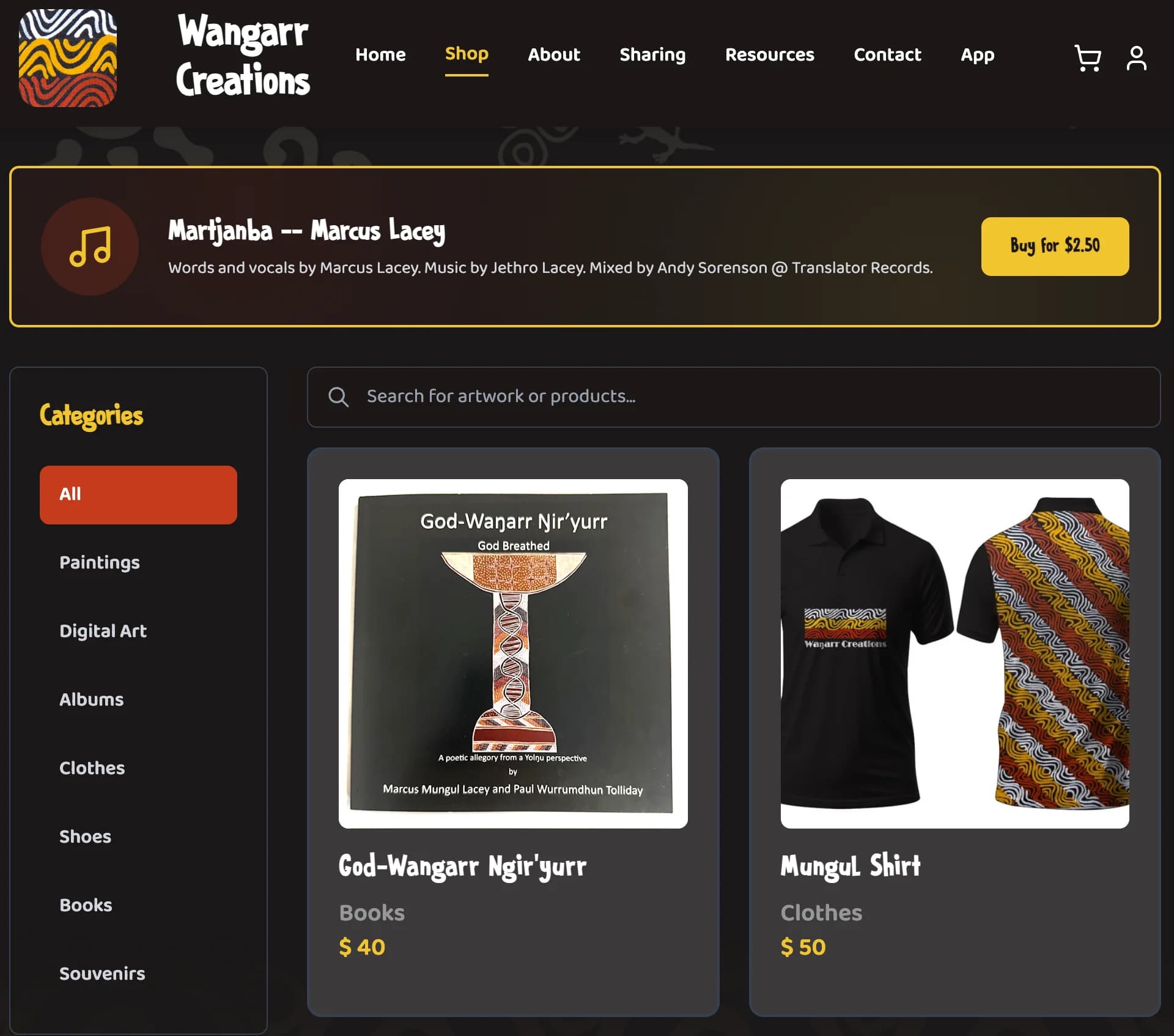 Wangarr Creations shop page with categories for paintings, digital art, albums, clothes and books